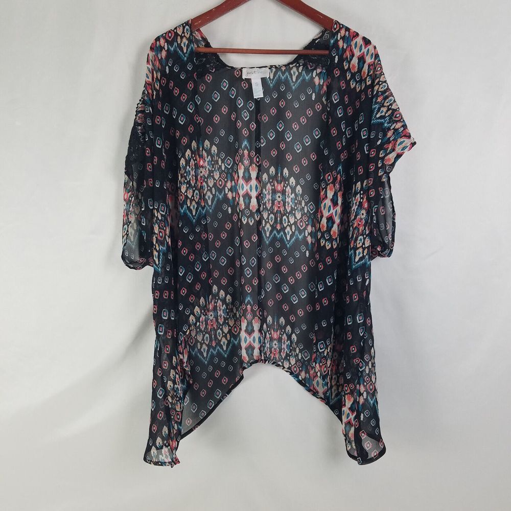 Just Be Shirt Womens Small Multicolor Duster Top Lace Shoulder Short Sleeve Open